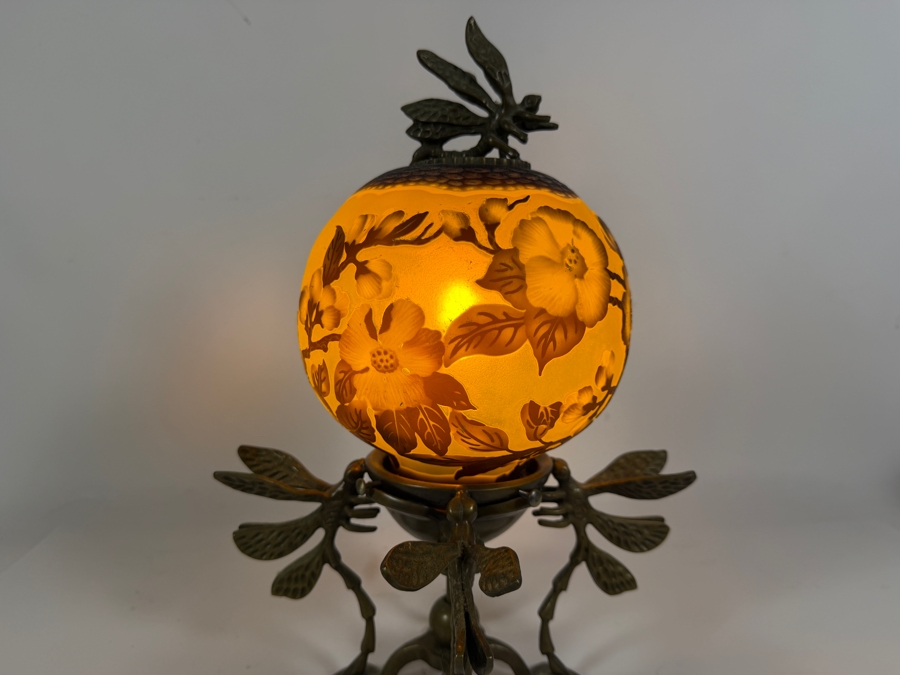Art Nouveau Style Cameo Art Glass Spherical Boudoir Lamp Featuring Acid Etched Camellia Blossoms On Patinated Bronze Dragonfly Tripod Base 13.5H - Working But Cord Should Be Repaired (Has Exposed Wires) [Photo 3]