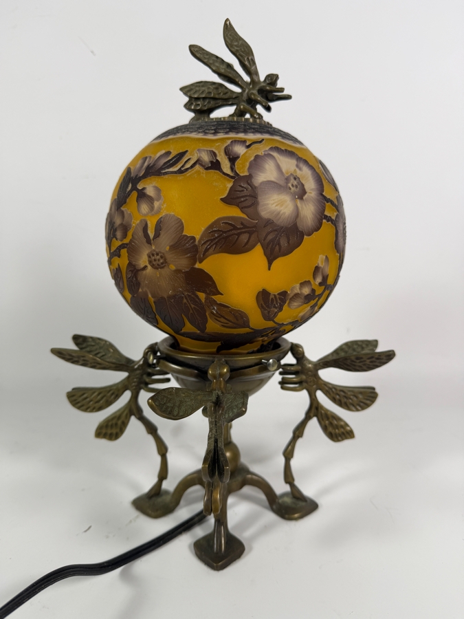 Art Nouveau Style Cameo Art Glass Spherical Boudoir Lamp Featuring Acid Etched Camellia Blossoms On Patinated Bronze Dragonfly Tripod Base 13.5H - Working But Cord Should Be Repaired (Has Exposed Wires) [Photo 4]