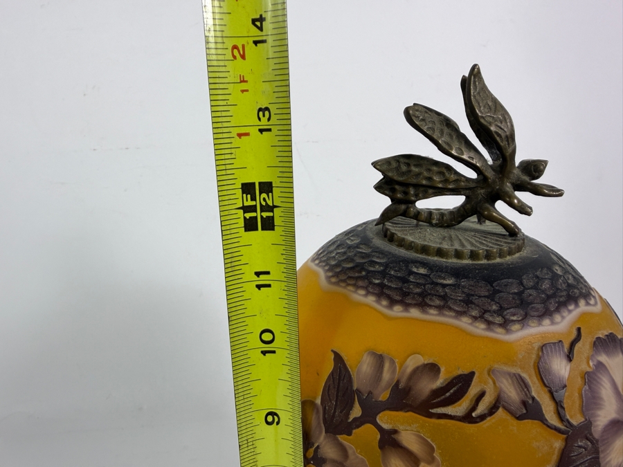 Art Nouveau Style Cameo Art Glass Spherical Boudoir Lamp Featuring Acid Etched Camellia Blossoms On Patinated Bronze Dragonfly Tripod Base 13.5H - Working But Cord Should Be Repaired (Has Exposed Wires) [Photo 5]