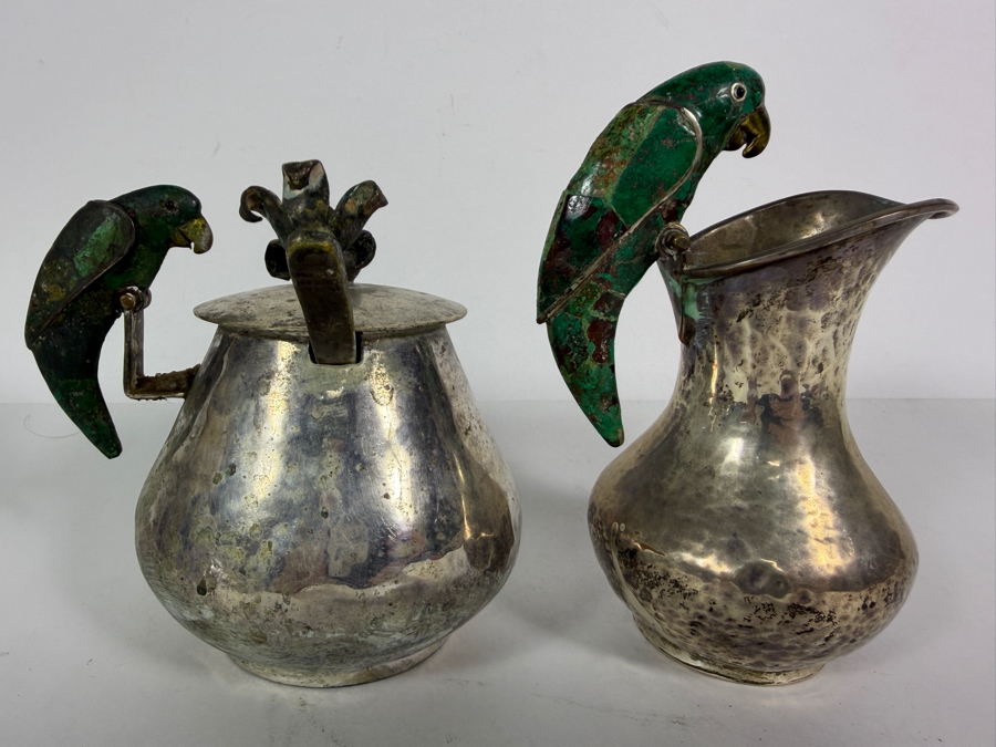 Emilia Castillo Hand Hammered Silver Plate Covered Sugar Bowl And Creamer (Inlaid Malachite on Wing of Parrot Needs Repair) Set Flanked By Malachite Inlaid Parrot Sculptures 5H [Photo 6]