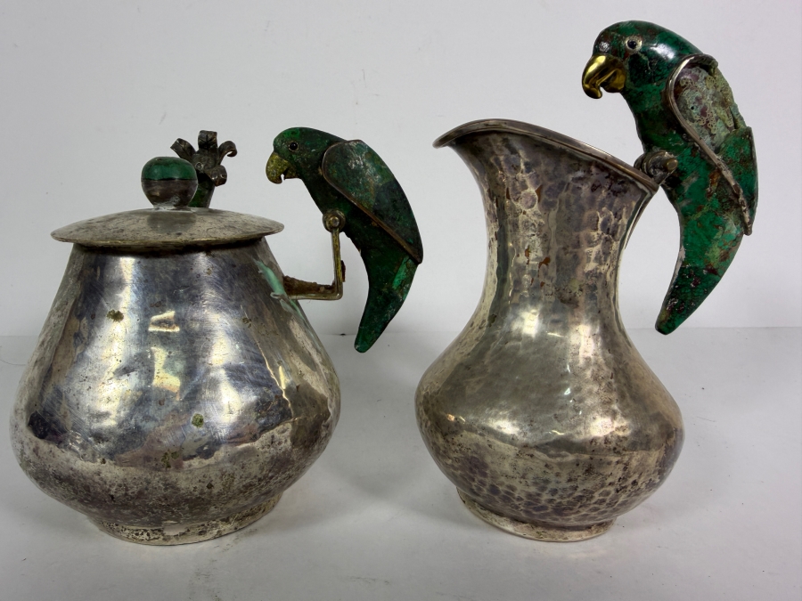 Emilia Castillo Hand Hammered Silver Plate Covered Sugar Bowl And Creamer (Inlaid Malachite on Wing of Parrot Needs Repair) Set Flanked By Malachite Inlaid Parrot Sculptures 5H [Photo 2]