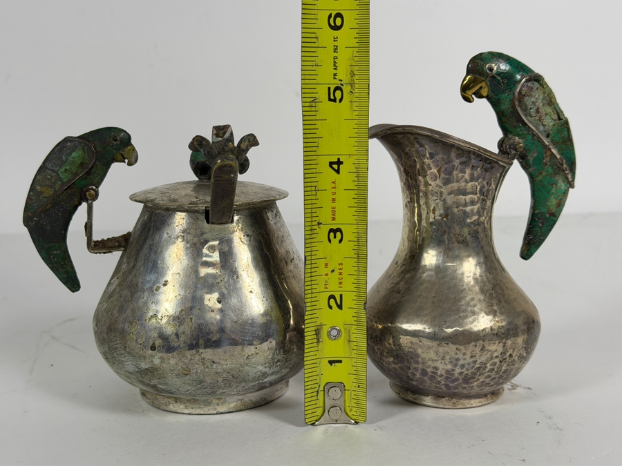 Emilia Castillo Hand Hammered Silver Plate Covered Sugar Bowl And Creamer (Inlaid Malachite on Wing of Parrot Needs Repair) Set Flanked By Malachite Inlaid Parrot Sculptures 5H [Photo 10]