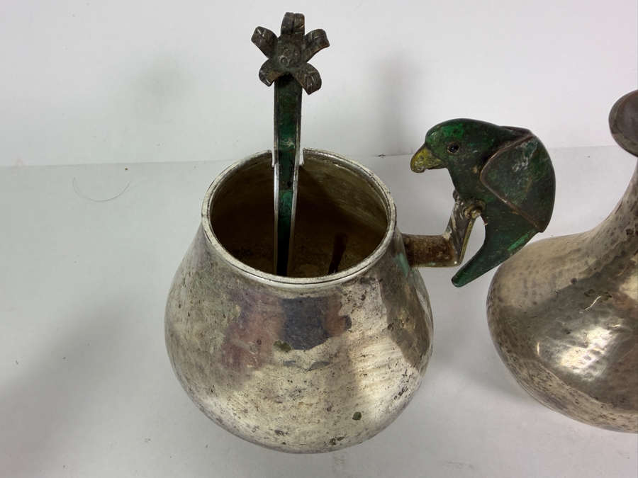 Emilia Castillo Hand Hammered Silver Plate Covered Sugar Bowl And Creamer (Inlaid Malachite on Wing of Parrot Needs Repair) Set Flanked By Malachite Inlaid Parrot Sculptures 5H [Photo 5]