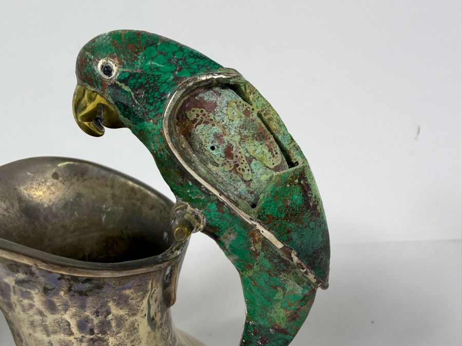Emilia Castillo Hand Hammered Silver Plate Covered Sugar Bowl And Creamer (Inlaid Malachite on Wing of Parrot Needs Repair) Set Flanked By Malachite Inlaid Parrot Sculptures 5H [Photo 3]