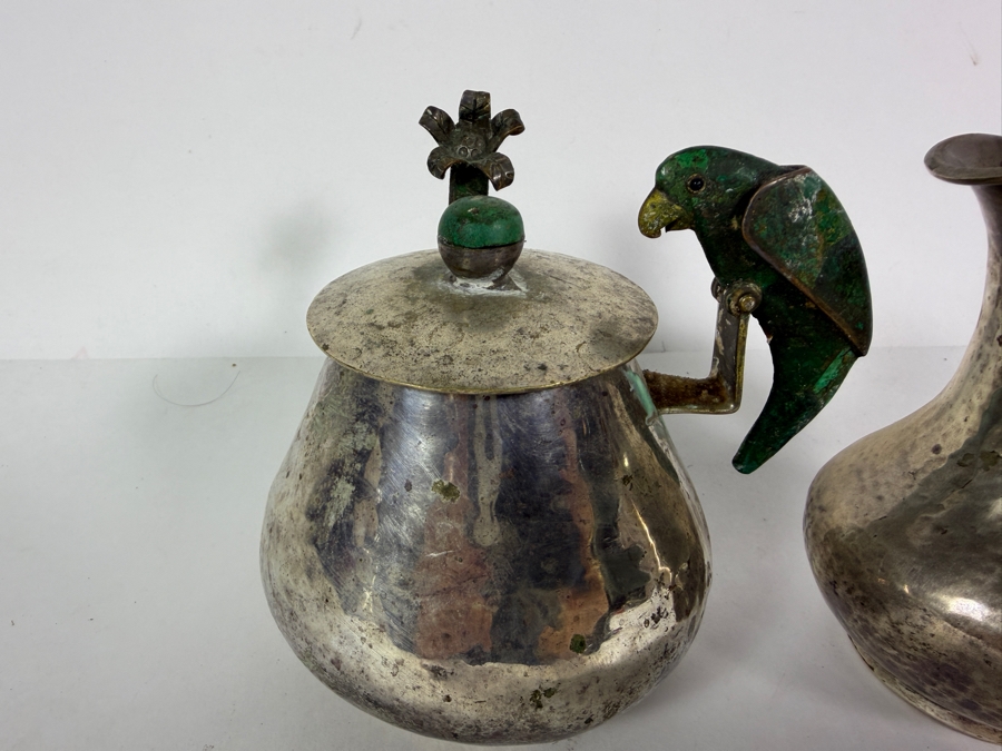 Emilia Castillo Hand Hammered Silver Plate Covered Sugar Bowl And Creamer (Inlaid Malachite on Wing of Parrot Needs Repair) Set Flanked By Malachite Inlaid Parrot Sculptures 5H [Photo 4]