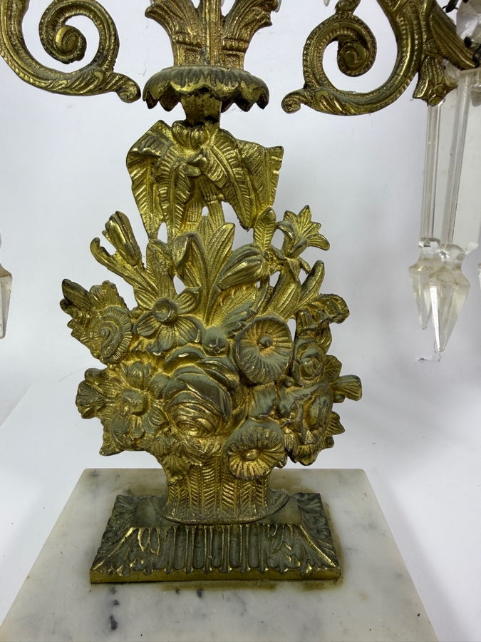Pair Of French Empire Style Gilt Bronze Three Light Candelabra Featuring Floral Baskets And Hanging Cut Crystal Prisms On Alabaster Bases 14W X 16H [Photo 5]