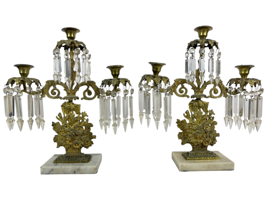Pair Of French Empire Style Gilt Bronze Three Light Candelabra Featuring Floral Baskets And Hanging Cut Crystal Prisms On Alabaster Bases 14W X 16H