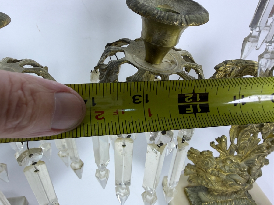 Pair Of French Empire Style Gilt Bronze Three Light Candelabra Featuring Floral Baskets And Hanging Cut Crystal Prisms On Alabaster Bases 14W X 16H [Photo 6]