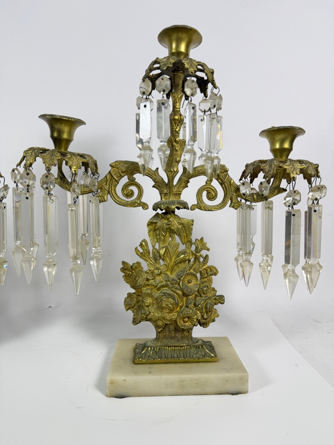 Pair Of French Empire Style Gilt Bronze Three Light Candelabra Featuring Floral Baskets And Hanging Cut Crystal Prisms On Alabaster Bases 14W X 16H [Photo 3]