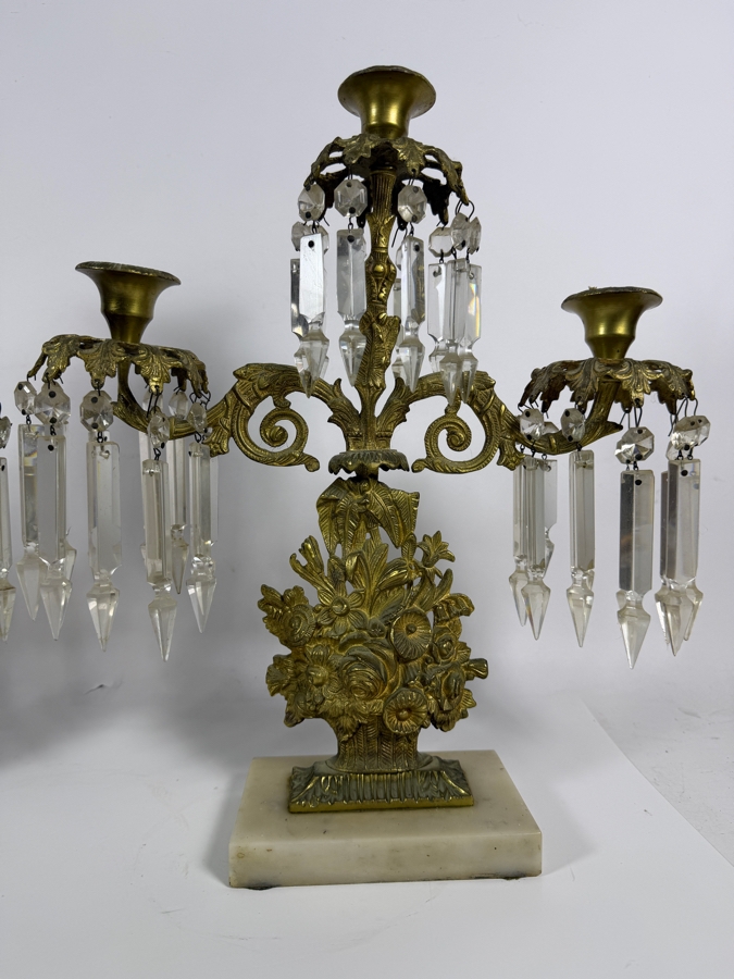 Pair Of French Empire Style Gilt Bronze Three Light Candelabra Featuring Floral Baskets And Hanging Cut Crystal Prisms On Alabaster Bases 14W X 16H [Photo 2]