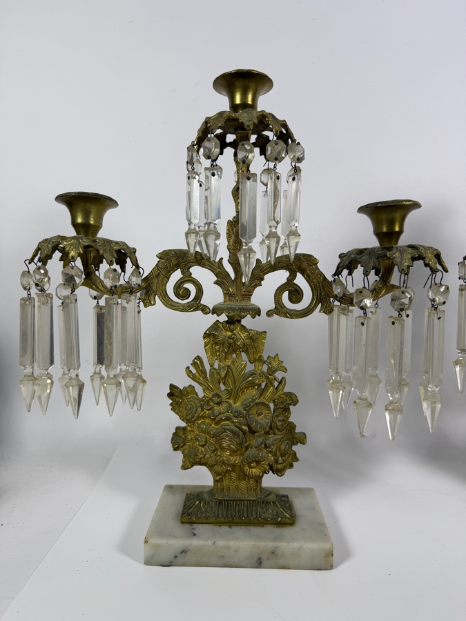 Pair Of French Empire Style Gilt Bronze Three Light Candelabra Featuring Floral Baskets And Hanging Cut Crystal Prisms On Alabaster Bases 14W X 16H [Photo 4]