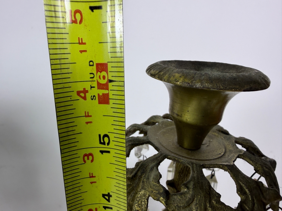Pair Of French Empire Style Gilt Bronze Three Light Candelabra Featuring Floral Baskets And Hanging Cut Crystal Prisms On Alabaster Bases 14W X 16H [Photo 7]