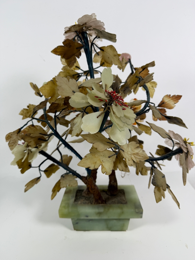 Chinese Mid Century Agate And Rose Quartz Bonsai Tree Sculpture In Celadon Jade Planter Pot 19H [Photo 8]