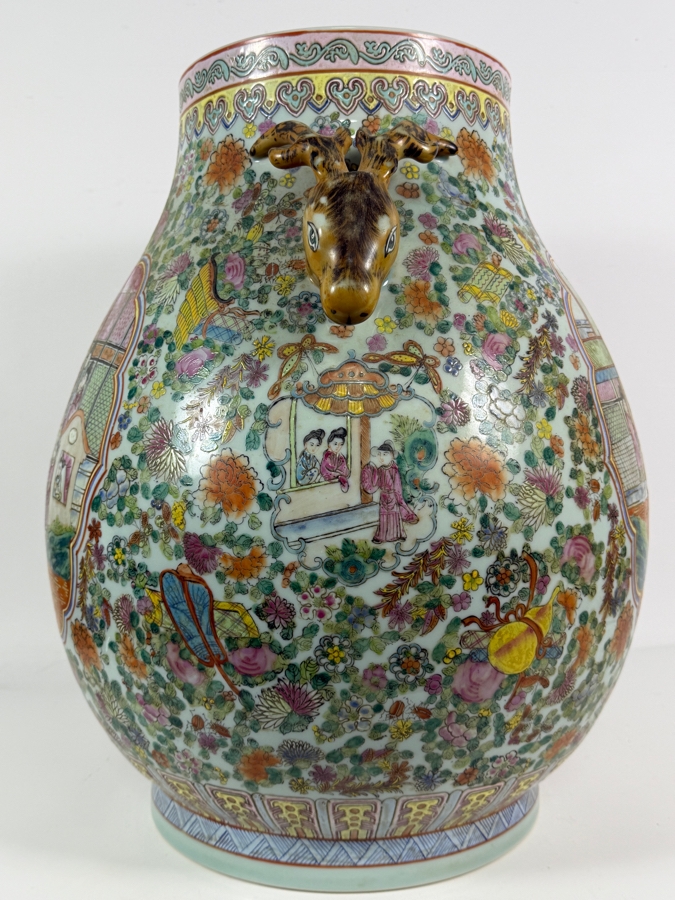 Large Chinese Republic Period Famille Rose Canton Style Hundred Antiques Baluster Vase Featuring Figural Court Scene And Sculpted Deer Handles 16W X 20H [Photo 8]