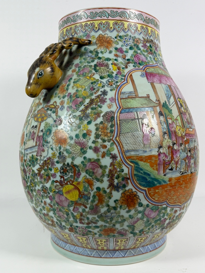 Large Chinese Republic Period Famille Rose Canton Style Hundred Antiques Baluster Vase Featuring Figural Court Scene And Sculpted Deer Handles 16W X 20H [Photo 6]