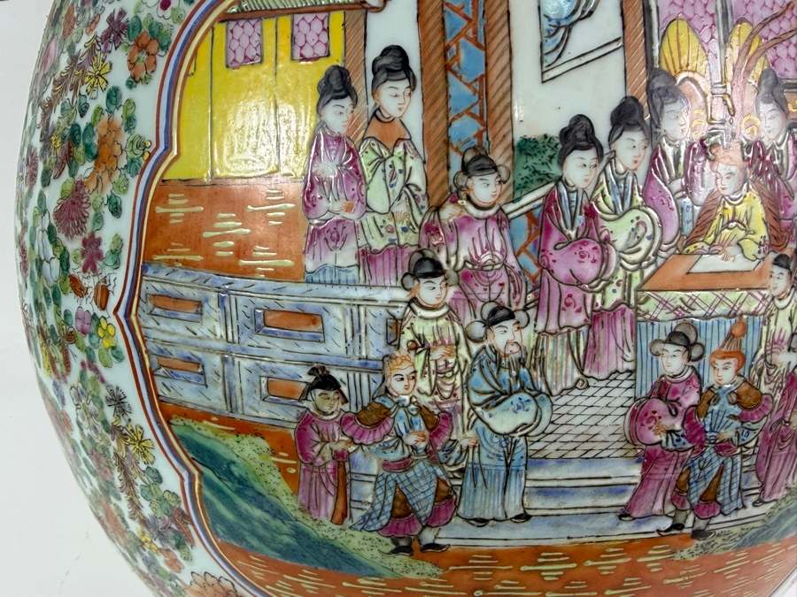 Large Chinese Republic Period Famille Rose Canton Style Hundred Antiques Baluster Vase Featuring Figural Court Scene And Sculpted Deer Handles 16W X 20H [Photo 13]