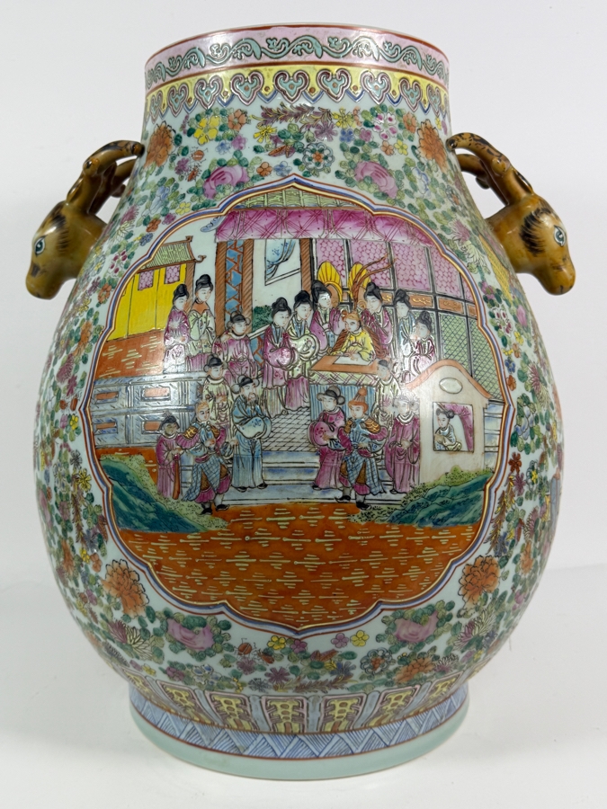 Large Chinese Republic Period Famille Rose Canton Style Hundred Antiques Baluster Vase Featuring Figural Court Scene And Sculpted Deer Handles 16W X 20H [Photo 10]