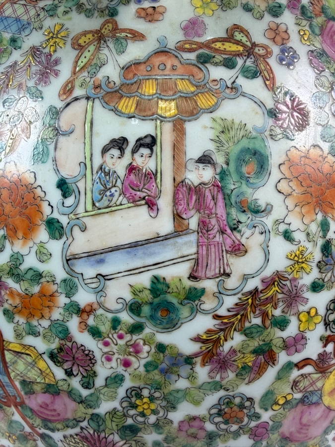 Large Chinese Republic Period Famille Rose Canton Style Hundred Antiques Baluster Vase Featuring Figural Court Scene And Sculpted Deer Handles 16W X 20H [Photo 9]