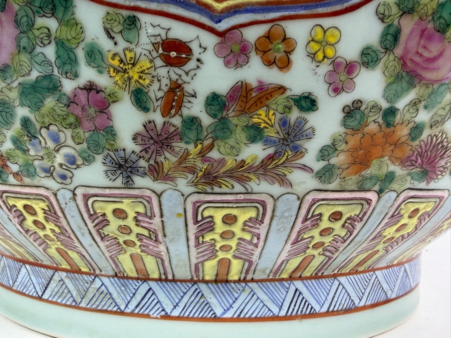 Large Chinese Republic Period Famille Rose Canton Style Hundred Antiques Baluster Vase Featuring Figural Court Scene And Sculpted Deer Handles 16W X 20H [Photo 5]