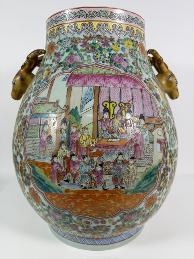Large Chinese Republic Period Famille Rose Canton Style Hundred Antiques Baluster Vase Featuring Figural Court Scene And Sculpted Deer Handles 16W X 20H [Photo 2]