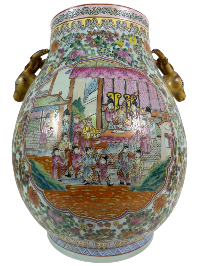 Large Chinese Republic Period Famille Rose Canton Style Hundred Antiques Baluster Vase Featuring Figural Court Scene And Sculpted Deer Handles 16W X 20H