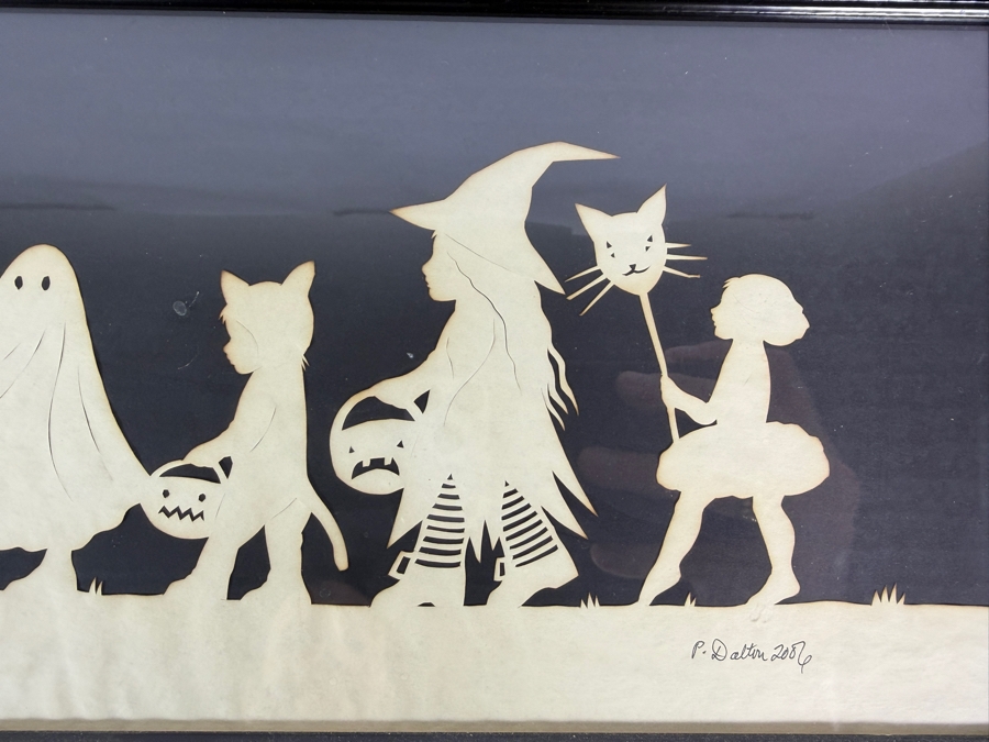 Pamela Dalton Halloween Children In Costume Trick Or Treating Scherenschnitte Cut Paper Art Framed Exclusively For Gump's 18W X 8.5H [Photo 3]