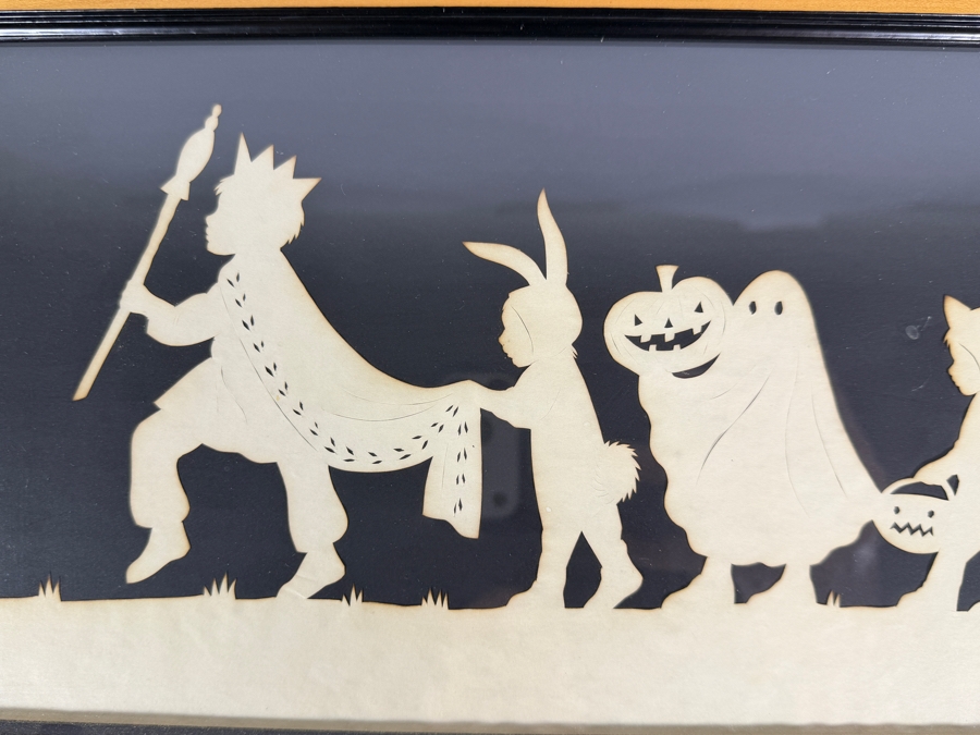 Pamela Dalton Halloween Children In Costume Trick Or Treating Scherenschnitte Cut Paper Art Framed Exclusively For Gump's 18W X 8.5H [Photo 2]