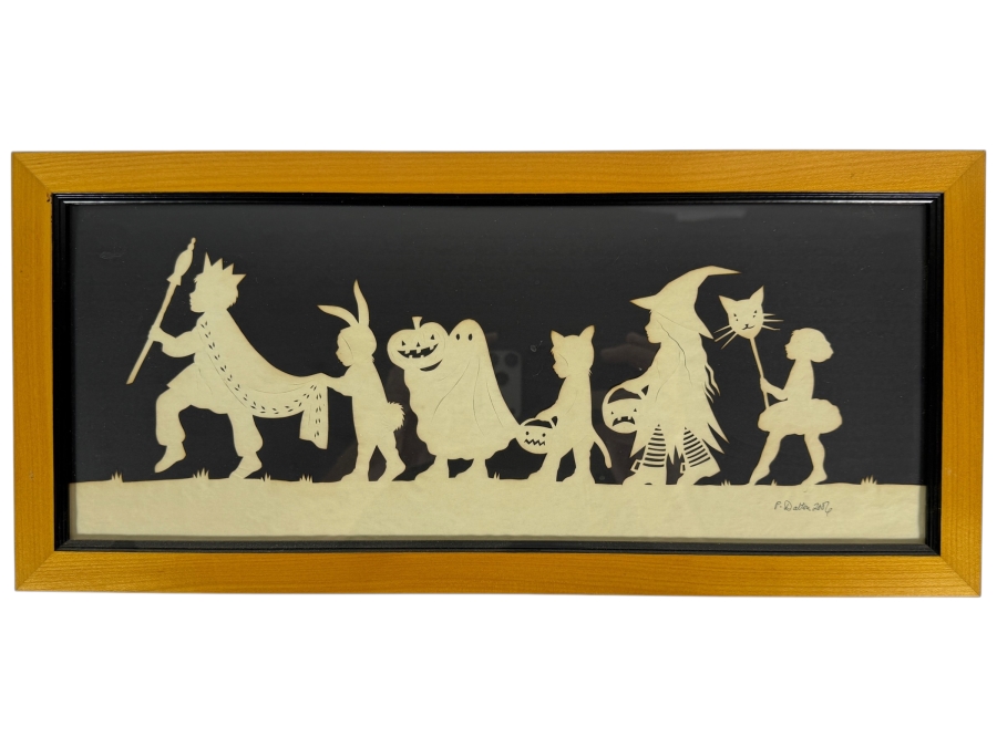 Pamela Dalton Halloween Children In Costume Trick Or Treating Scherenschnitte Cut Paper Art Framed Exclusively For Gump's 18W X 8.5H