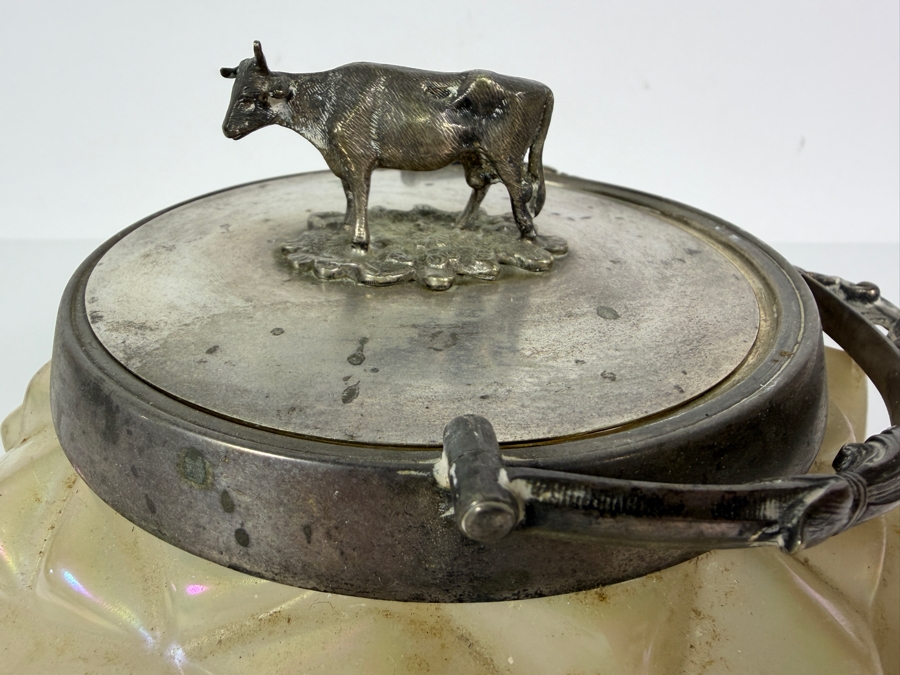Victorian English William Whiteley Silver Plate Mounted Iridescent Carnival Glass Butter Dish Featuring Sculpted Cow Finial 6.5W X 6H [Photo 3]