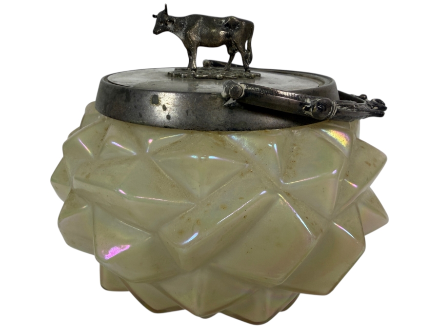 Victorian English William Whiteley Silver Plate Mounted Iridescent Carnival Glass Butter Dish Featuring Sculpted Cow Finial 6.5W X 6H