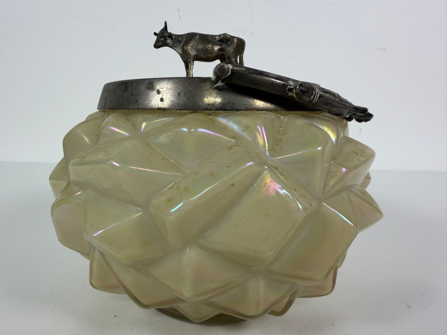 Victorian English William Whiteley Silver Plate Mounted Iridescent Carnival Glass Butter Dish Featuring Sculpted Cow Finial 6.5W X 6H [Photo 2]