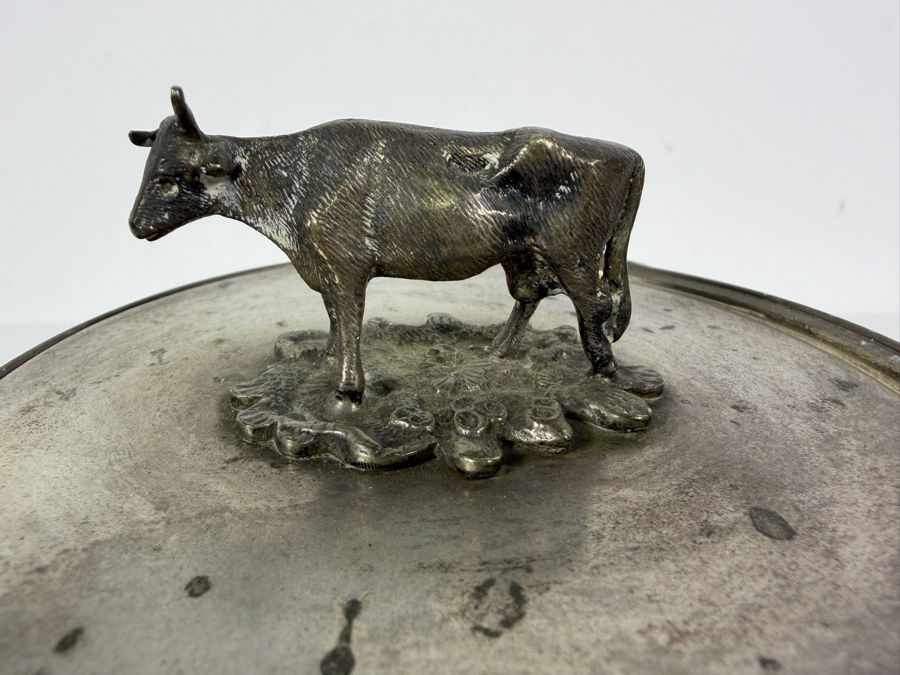 Victorian English William Whiteley Silver Plate Mounted Iridescent Carnival Glass Butter Dish Featuring Sculpted Cow Finial 6.5W X 6H [Photo 4]