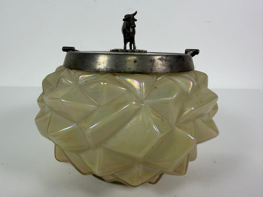 Victorian English William Whiteley Silver Plate Mounted Iridescent Carnival Glass Butter Dish Featuring Sculpted Cow Finial 6.5W X 6H [Photo 5]