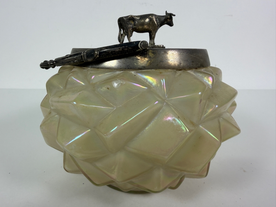Victorian English William Whiteley Silver Plate Mounted Iridescent Carnival Glass Butter Dish Featuring Sculpted Cow Finial 6.5W X 6H [Photo 6]