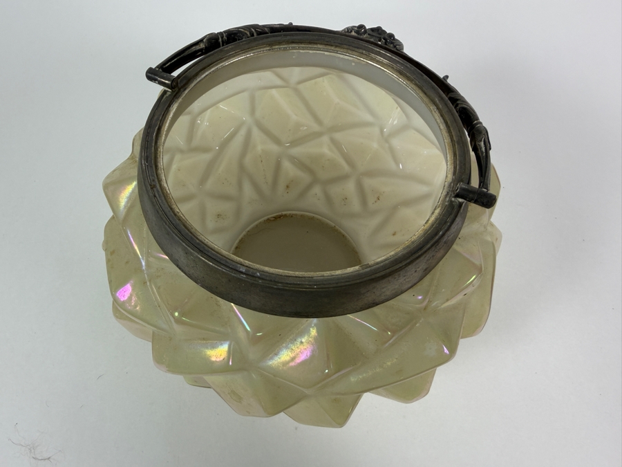 Victorian English William Whiteley Silver Plate Mounted Iridescent Carnival Glass Butter Dish Featuring Sculpted Cow Finial 6.5W X 6H [Photo 7]