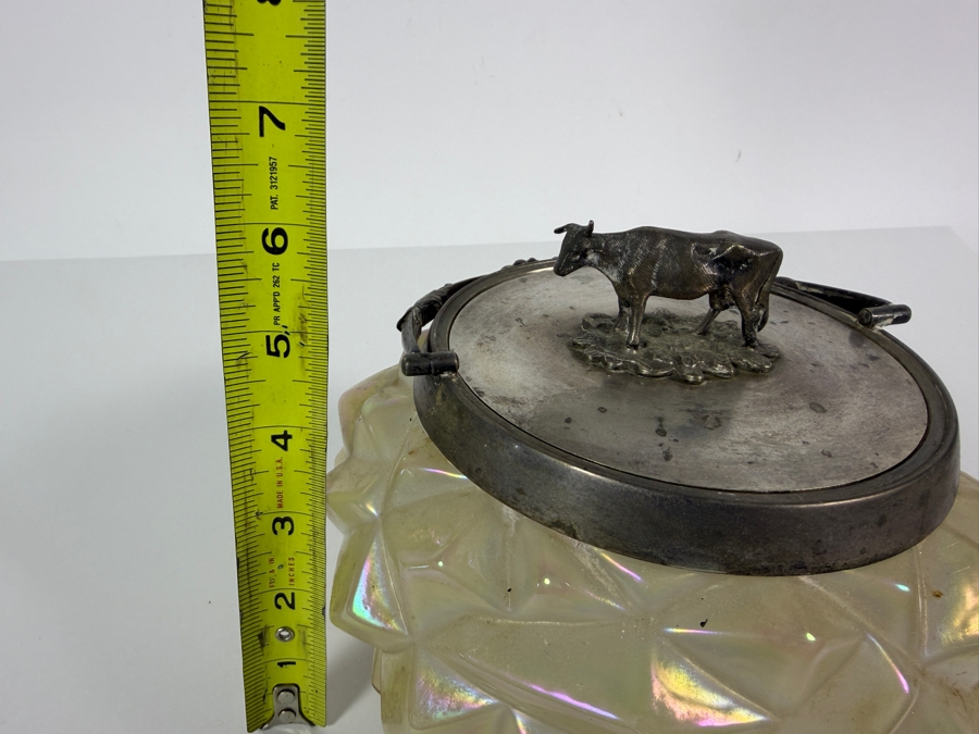 Victorian English William Whiteley Silver Plate Mounted Iridescent Carnival Glass Butter Dish Featuring Sculpted Cow Finial 6.5W X 6H [Photo 14]