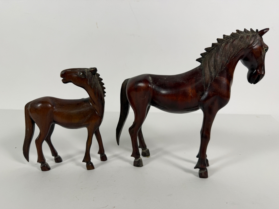 Vintage Chinese Pair Of Hand Carved Hardwood Standing Horse Sculptures With Inlaid Eyes 7.5W X 7H [Photo 6]