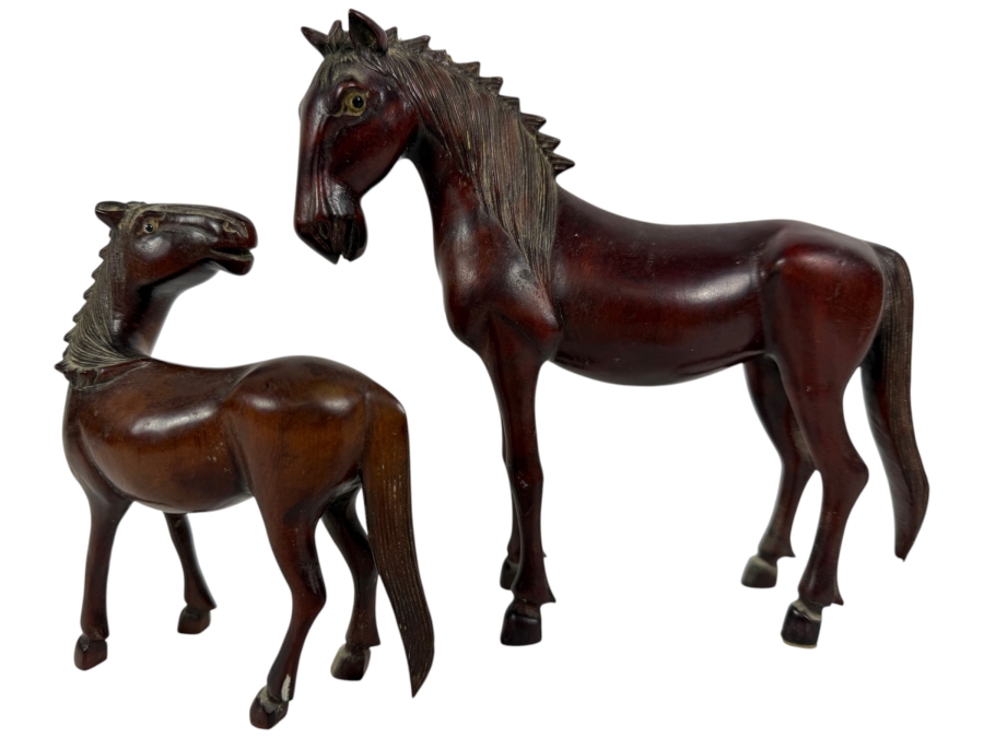 Vintage Chinese Pair Of Hand Carved Hardwood Standing Horse Sculptures With Inlaid Eyes 7.5W X 7H