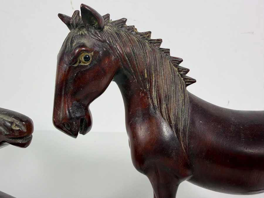 Vintage Chinese Pair Of Hand Carved Hardwood Standing Horse Sculptures With Inlaid Eyes 7.5W X 7H [Photo 3]