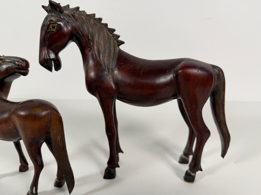 Vintage Chinese Pair Of Hand Carved Hardwood Standing Horse Sculptures With Inlaid Eyes 7.5W X 7H [Photo 2]