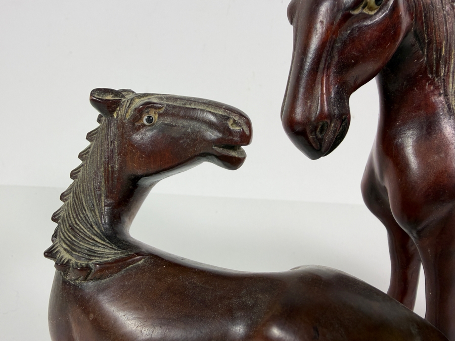 Vintage Chinese Pair Of Hand Carved Hardwood Standing Horse Sculptures With Inlaid Eyes 7.5W X 7H [Photo 4]