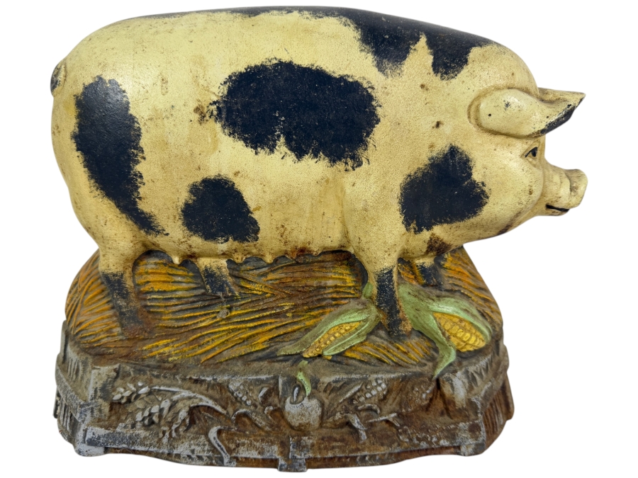 Vintage Cast Iron Black Spotted Pig With Corn Cob Farmhouse Doorstop 11.75W X 10H