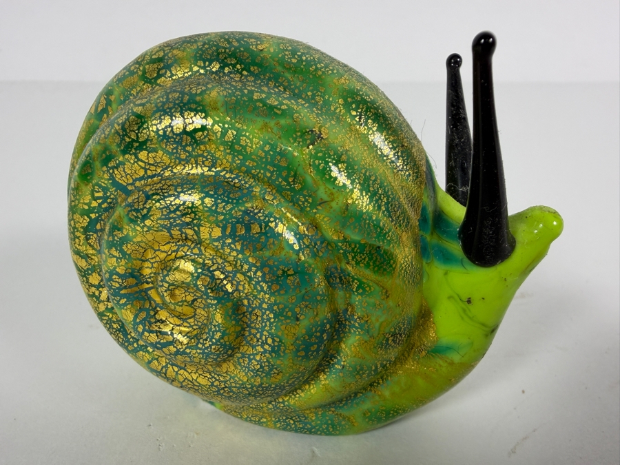 Italian Vetro Artistico Murano Green And Gold Aventurine Flecked Art Glass Snail Figurine 2.5H [Photo 3]