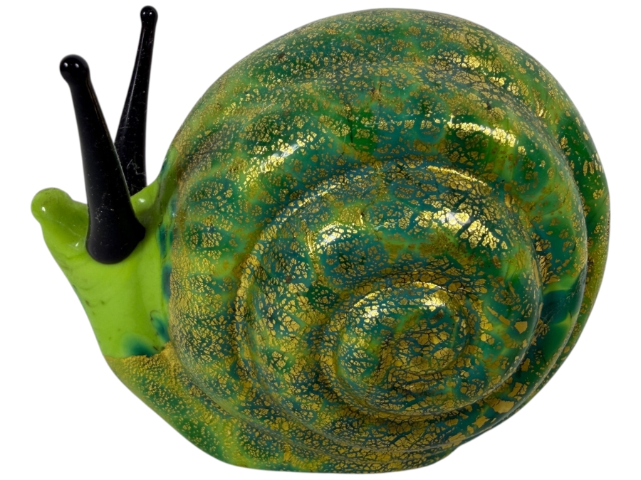 Italian Vetro Artistico Murano Green And Gold Aventurine Flecked Art Glass Snail Figurine 2.5H