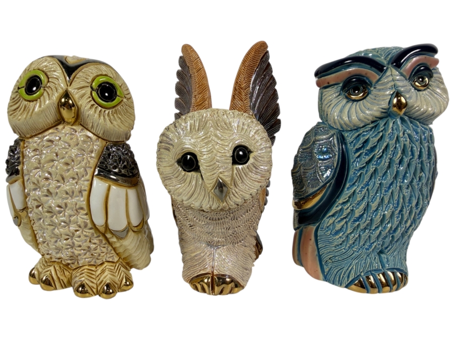 Collection Of Three Artesania Rinconada De Rosa Handcrafted Ceramic Owl Figurines With Gold Gilt 4.5 - 5.25H