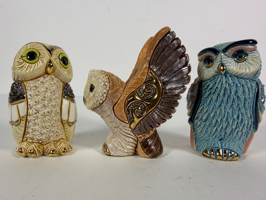 Collection Of Three Artesania Rinconada De Rosa Handcrafted Ceramic Owl Figurines With Gold Gilt 4.5 - 5.25H [Photo 2]