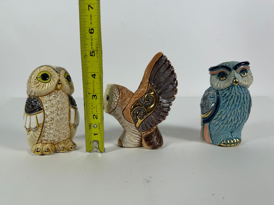 Collection Of Three Artesania Rinconada De Rosa Handcrafted Ceramic Owl Figurines With Gold Gilt 4.5 - 5.25H [Photo 6]