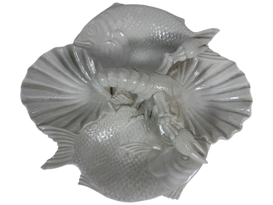 Vintage Val Del Brenta Italy White Majolica Ceramic Lobster Fish Shell Divided Serving Platter 14.5W X 12.5H