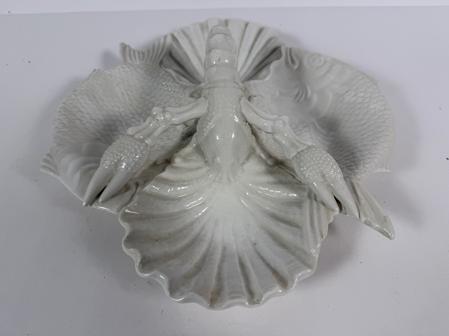 Vintage Val Del Brenta Italy White Majolica Ceramic Lobster Fish Shell Divided Serving Platter 14.5W X 12.5H [Photo 4]