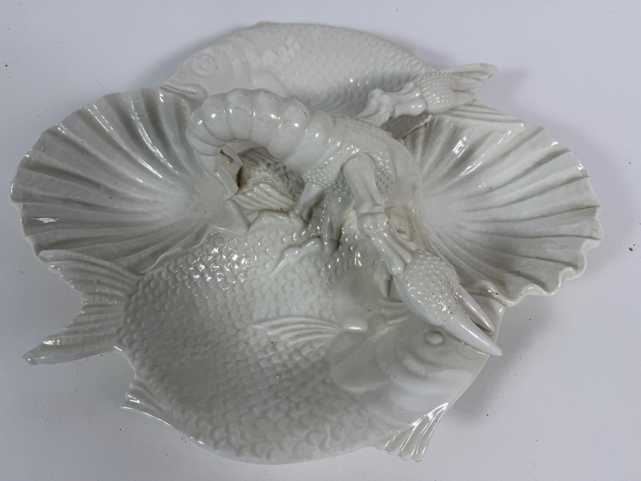 Vintage Val Del Brenta Italy White Majolica Ceramic Lobster Fish Shell Divided Serving Platter 14.5W X 12.5H [Photo 2]